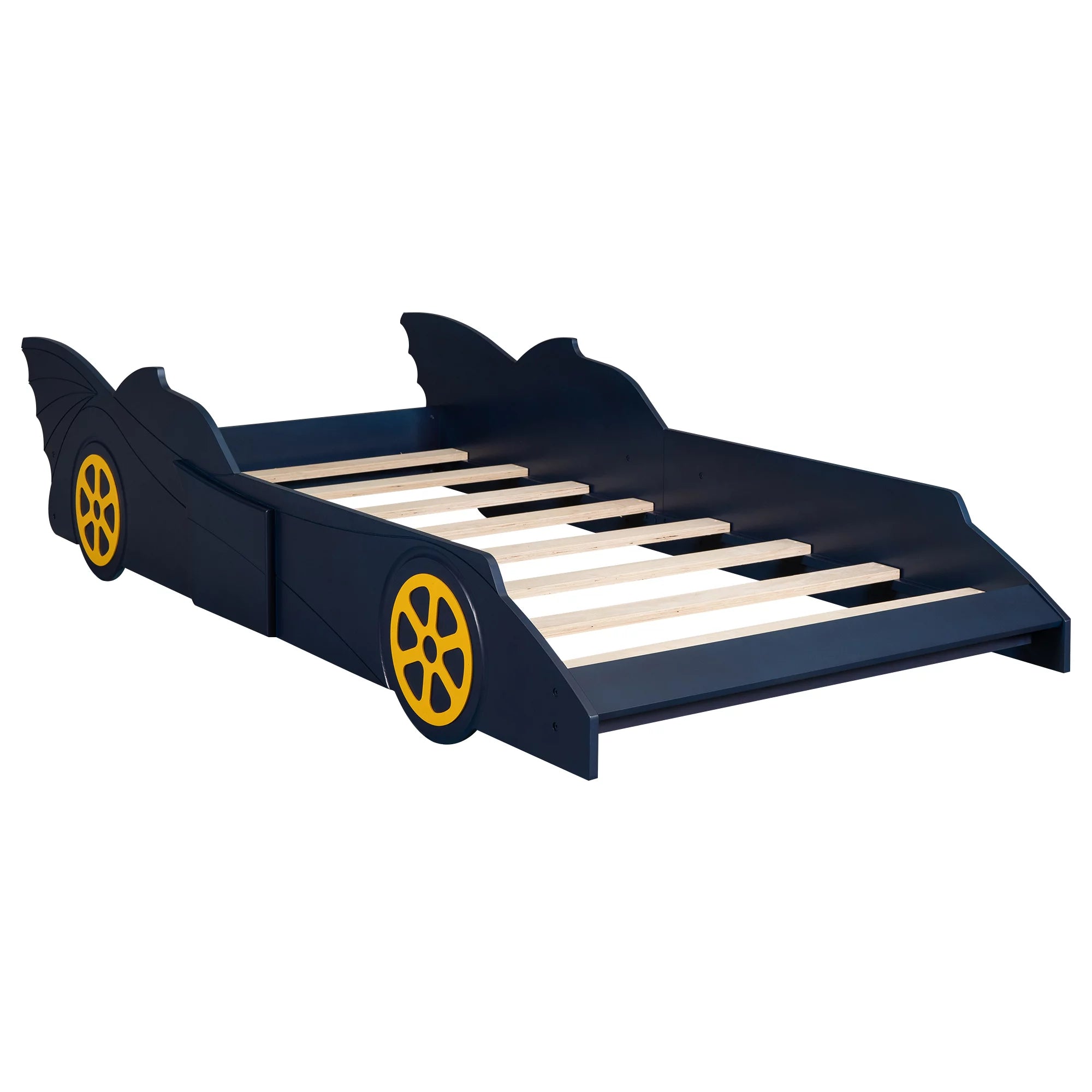 iRerts Race Car Shaped Twin Bed Frame for Kids, Wood Platform Bed with Wheels, Blue/Yellow V249491