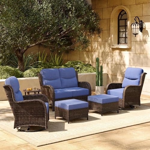 Luxury Patio Furniture Set 7PCS Wicker Conversation Set with Blue Cushions J5390