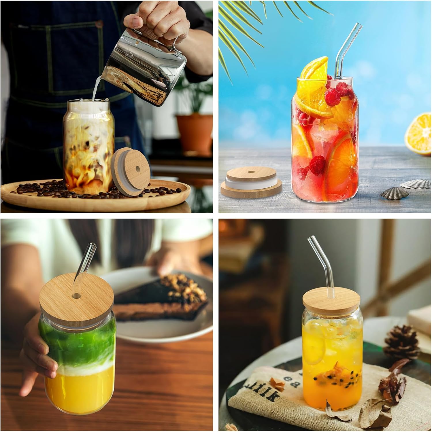 Bamboo Lid Drinking Glasses with Glass Straws, 16 oz, 9-Piece Set T925879