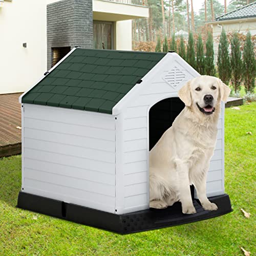 Dkeli, white Large Dog House Indoor Outdoor Waterproof Ventilate Plastic Dog House Pet Shelter Crate Kennel with Air Vents and Elevated Floor for Small and Medium Dogs, Easy to Assemble