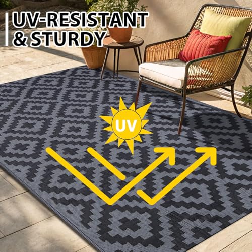 Smiry Waterproof Outdoor Rug 5x8 ft, Reversible Plastic Straw Patio Mat, Black & Beige P20186