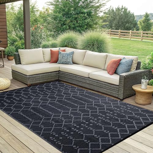 Smiry Waterproof Outdoor Rug 5x8 ft, Reversible Plastic Straw Patio Mat, Black & Beige P20186