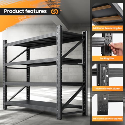 71" W Heavy Duty Steel Garage Shelving, 4-Tier Adjustable Storage Rack, Black C40455
