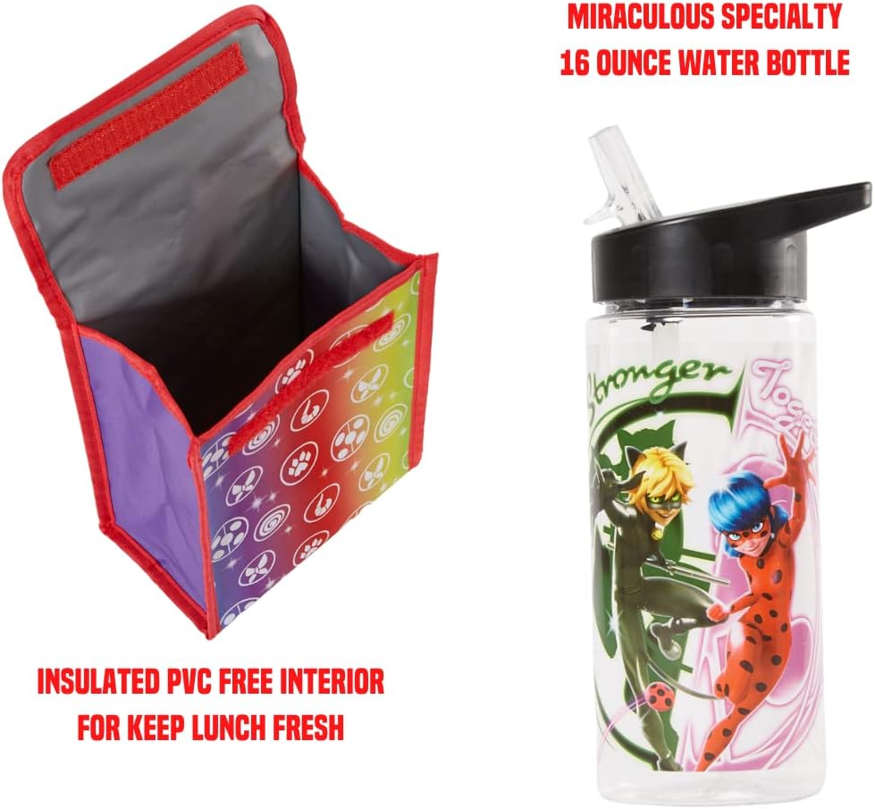 Miraculous Ladybug Backpack Set with Lunch Bag for Girls, 16 inch, 5 Piece N11823