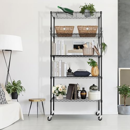 6 Tier Storage Shelves with Wheels, Heavy Duty Adjustable Metal Shelving Rack, Black T460