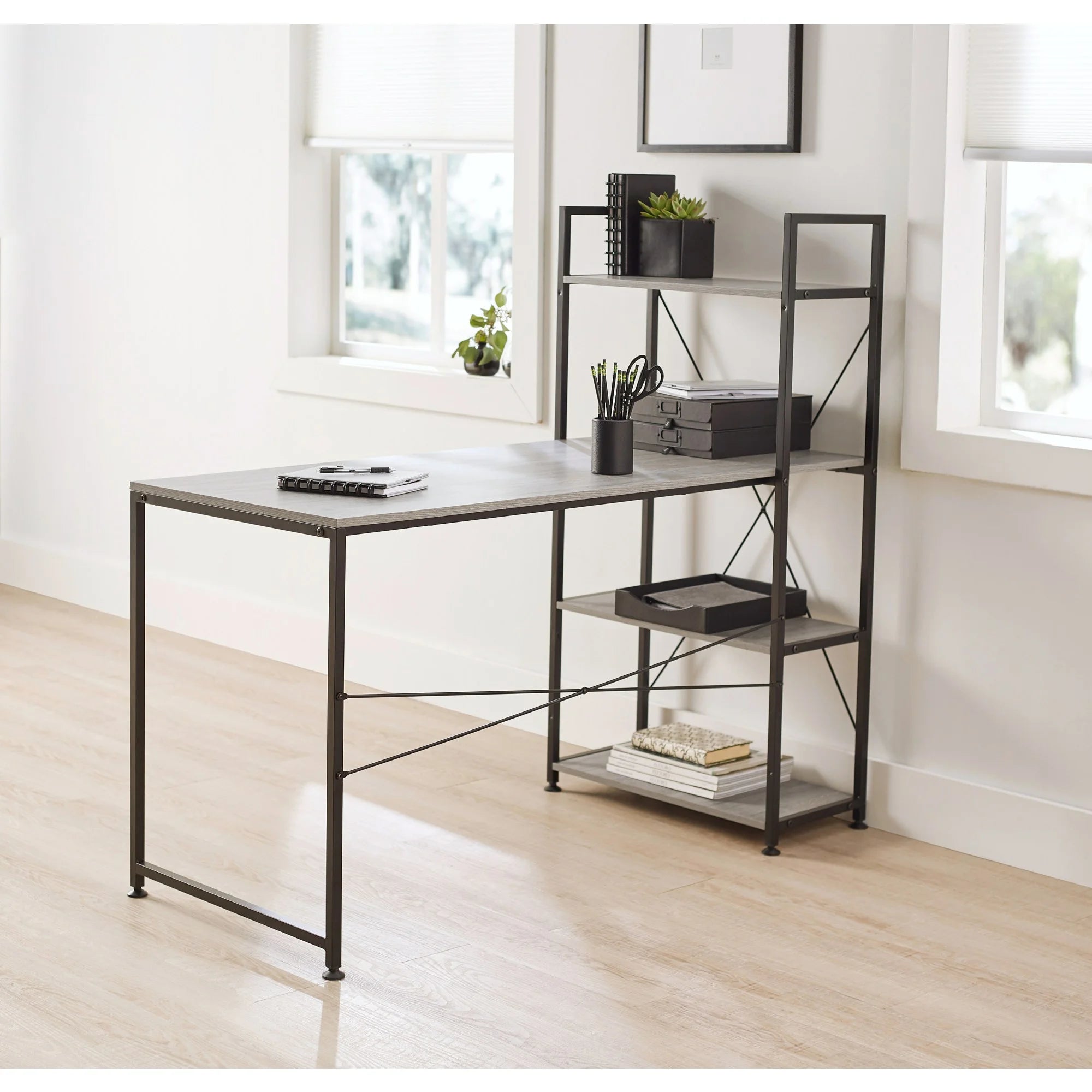 Realspace Trazer 56"W Computer Desk with Storage Shelves, Gray V6261