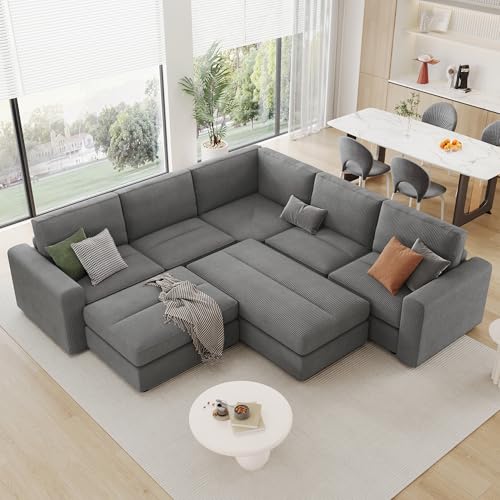 Merax 121.3" Sectional Corduroy Sofa Bed, L-Shape & U-Shape 7 Seat Deep Seating Modular Soft Couch with Two Movable Ottomans for Living Room, Gray
