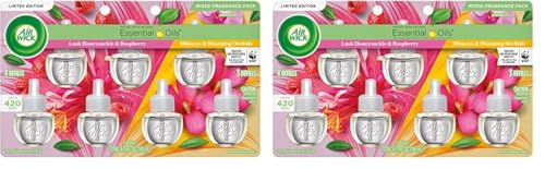 Air Wick Plug in Scented Oil Refill, 7ct, Lush Honeysuckle & Raspberry + Hibiscus & Blooming Orchids. Air Freshener, Essential Oils