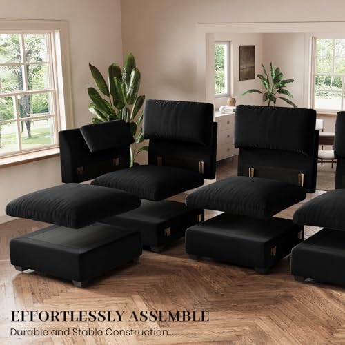 Belffin Extra Large Modular Sectional Sofa, 4-Seater L Shaped Velvet Couch, Black A1471
