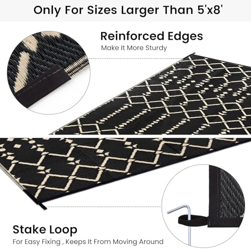 Smiry Waterproof Outdoor Rug 5x8 ft, Reversible Plastic Straw Patio Mat, Black & Beige P20186
