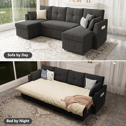Oversized Sleeper Sofa Couch with Double Storage Chaise, Dark Grey U1381