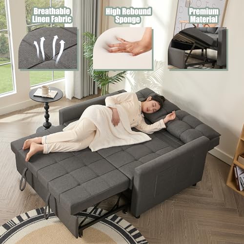 52" Sleeper Sofa with Pull-Out Bed, 3-in-1 Convertible, Linen, Light Gray E80103