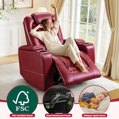 ANJ Power Recliner Chair with USB Ports and Cup Holders, PU Leather, Red R855581