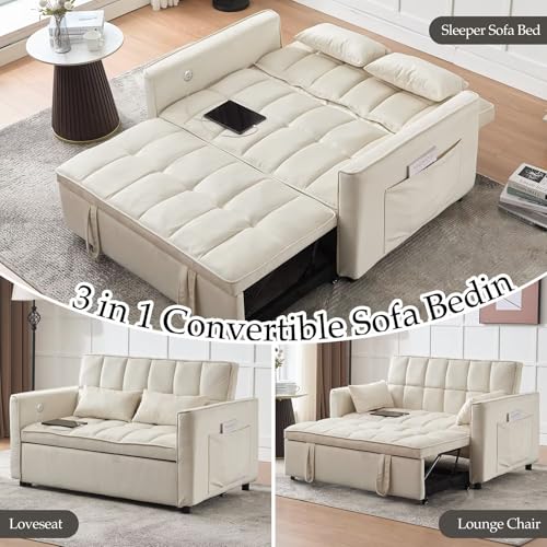 Modern 3 in 1 Convertible Sleeper Sofa Couch Bed with USB, Light Grey M684