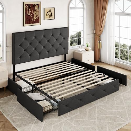 Allewie Upholstered Queen Platform Bed Frame with 4 Drawers and Headboard, Light Grey A922