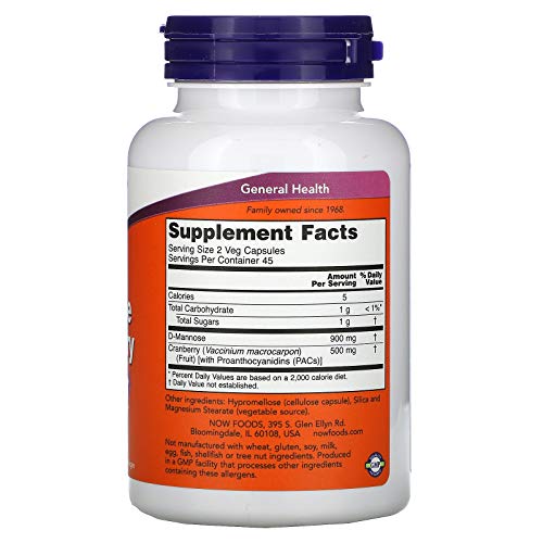 NOW Supplements Mannose Cranberry Dual Action, 90 Veg Capsules G204930