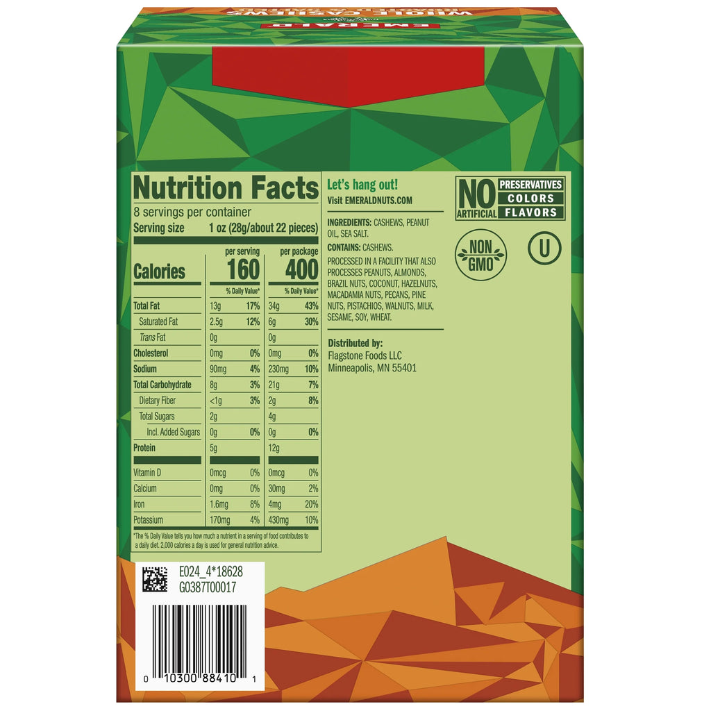 Emerald Nuts Whole Cashews Roasted & Salted, 8 CT Box, 20 oz H343128