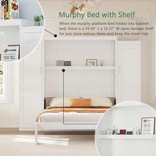 Polib Full Size Murphy Bed with Two Wardrobes and Storage Shelf, White S302797