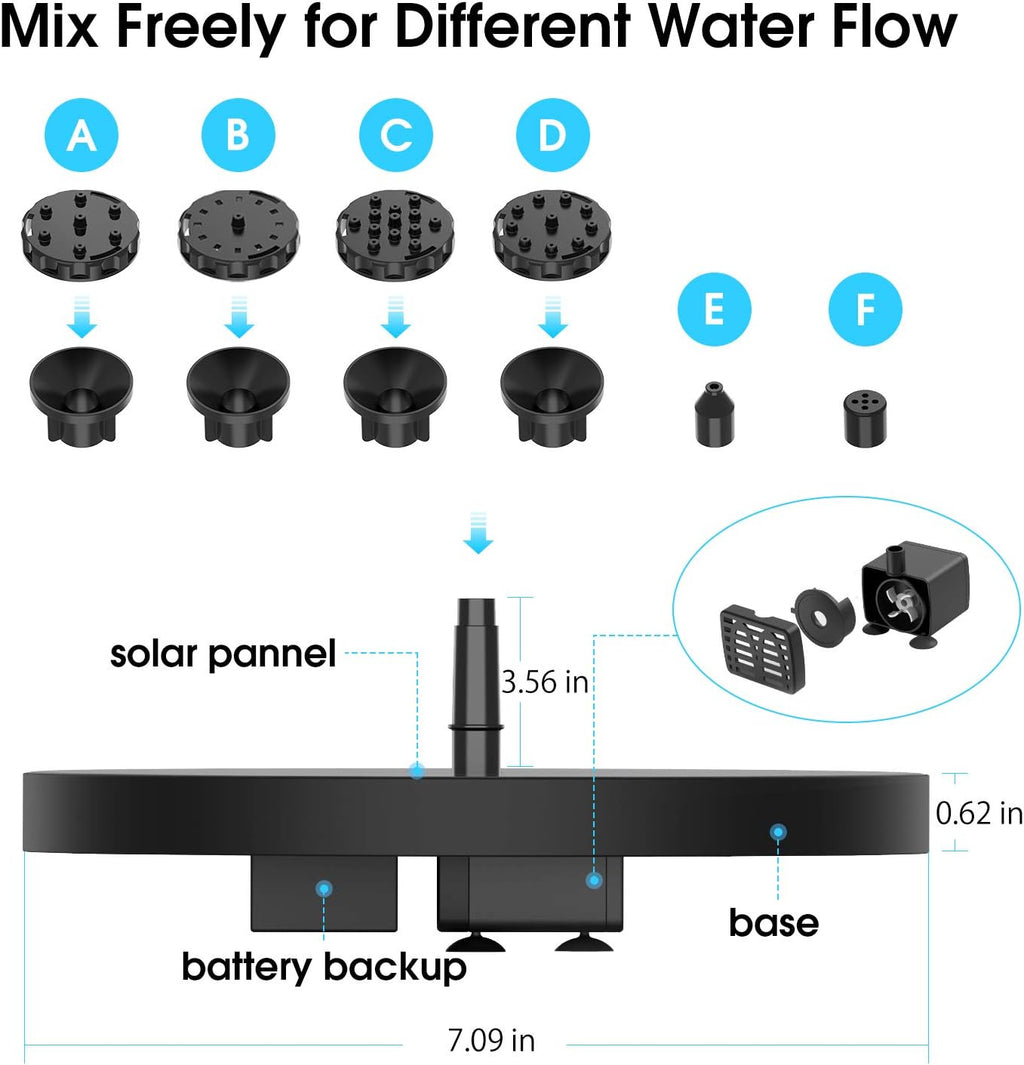 AISITIN 3.5W Solar Fountain Pump with 1500mAh Battery, 6 Nozzles for Bird Bath, Pond, Garden S7693