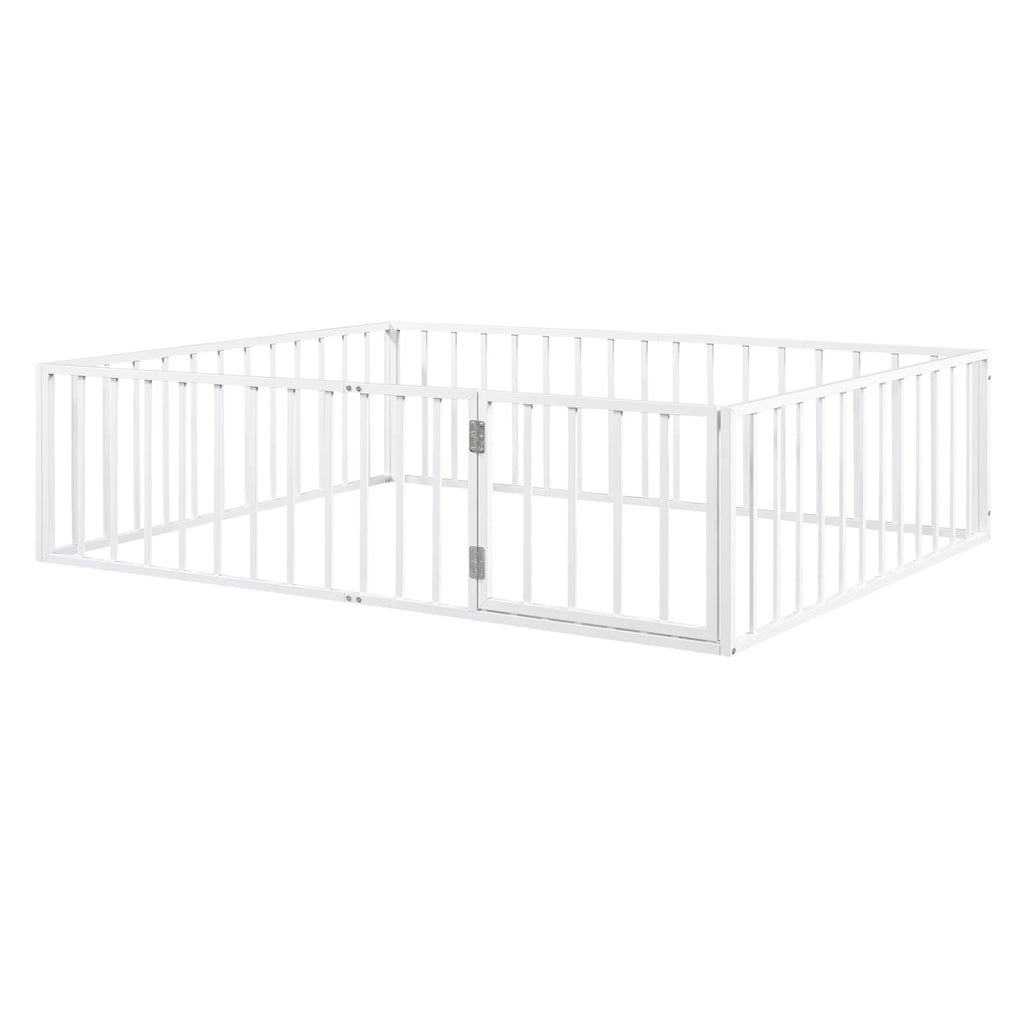 Bellemave Queen Metal Floor Bed with Fence Rails and Lockable Door, White N142