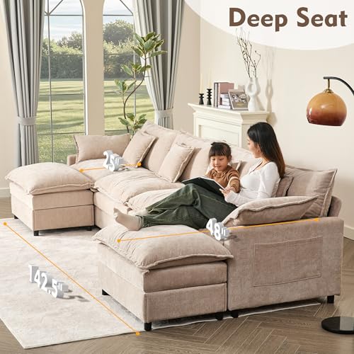 U Shaped Modular Sectional Sofa with Ottoman, Chenille, Black P2121