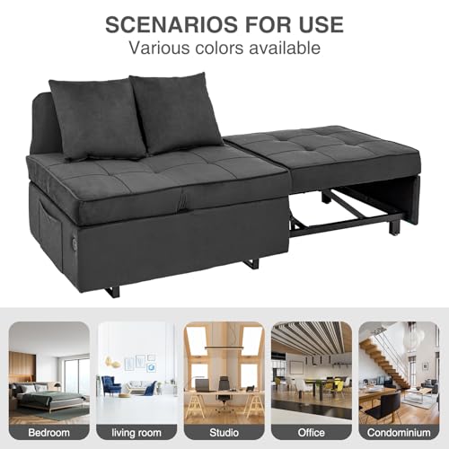 Velvet Convertible Sofa Bed Sleeper Chair with 2 Throw Pillows, Dark Grey U621331