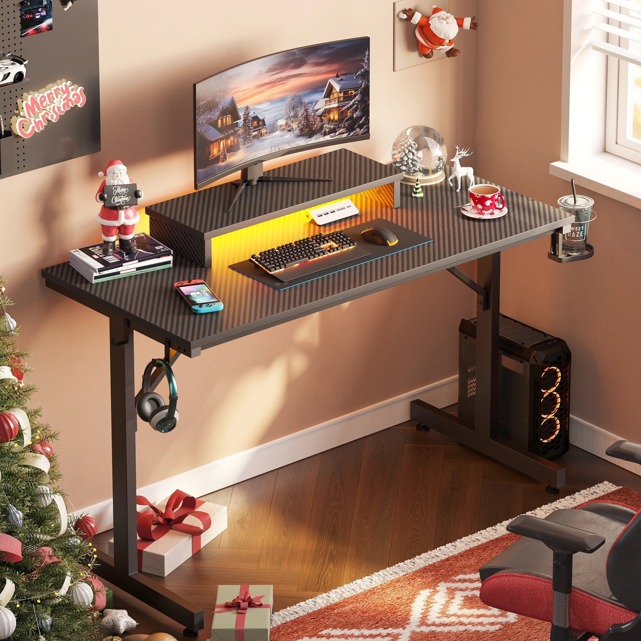 Bestier 42" Gaming Desk with LED Lights & Monitor Stand, Carbon Fiber Black B707