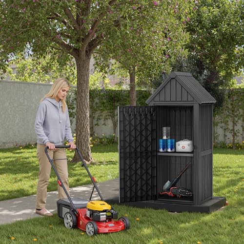 Outdoor Storage Shed with Lock, Waterproof Resin Garden Tool Cabinet G12946