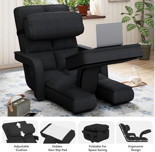 Esright Floor Chair, Padded Folding Gaming Chair with Adjustable Backrest, Dark Grey P960
