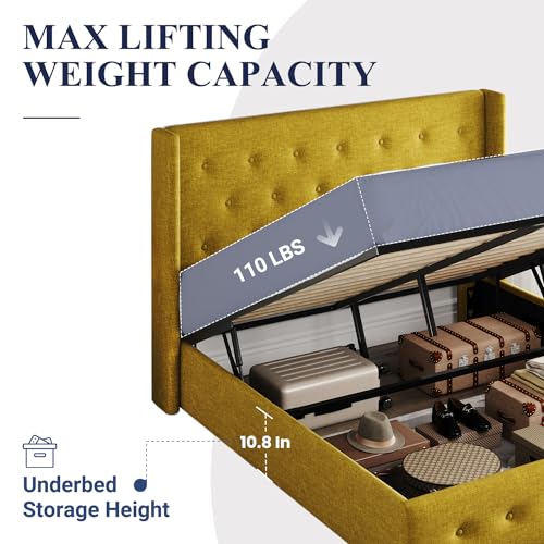 Allewie Full Size Lift Up Storage Bed with Wingback Headboard, Light Beige C85153