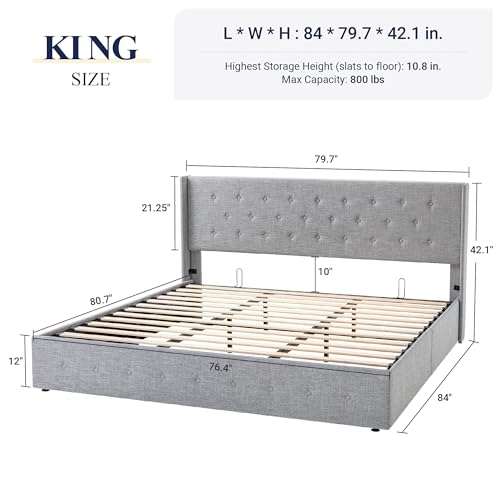 Allewie Full Size Lift Up Storage Bed with Wingback Headboard, Light Beige C85153