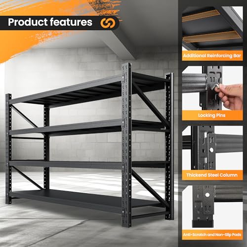71" W Heavy Duty Steel Garage Shelving, 4-Tier Adjustable Storage Rack, Black C40455