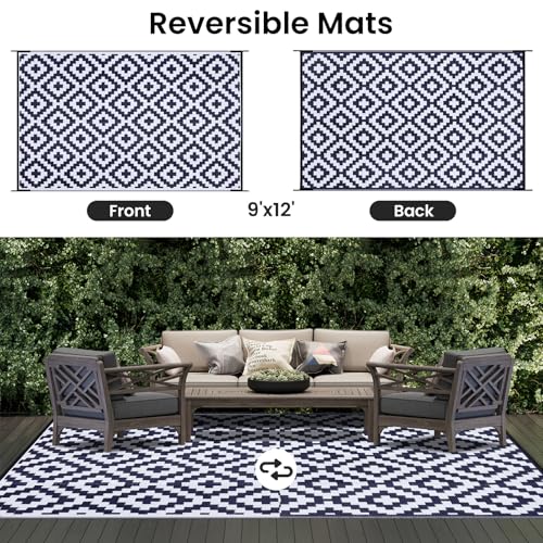 Smiry Waterproof Outdoor Rug 5x8 ft, Reversible Plastic Straw Patio Mat, Black & Beige P20186