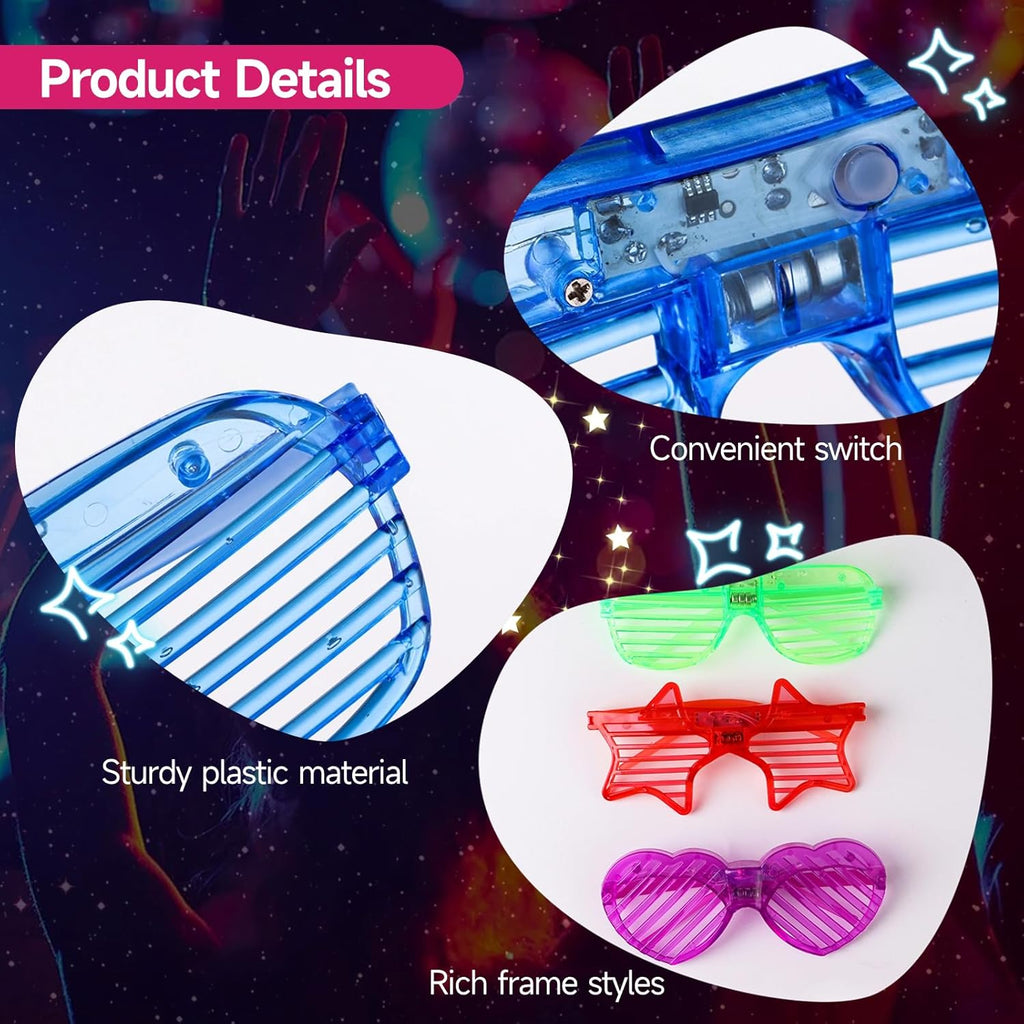 LED Glasses 12 Pack, 3 Shapes 4 Colors, Light Up Neon Party Favors for Adults H969