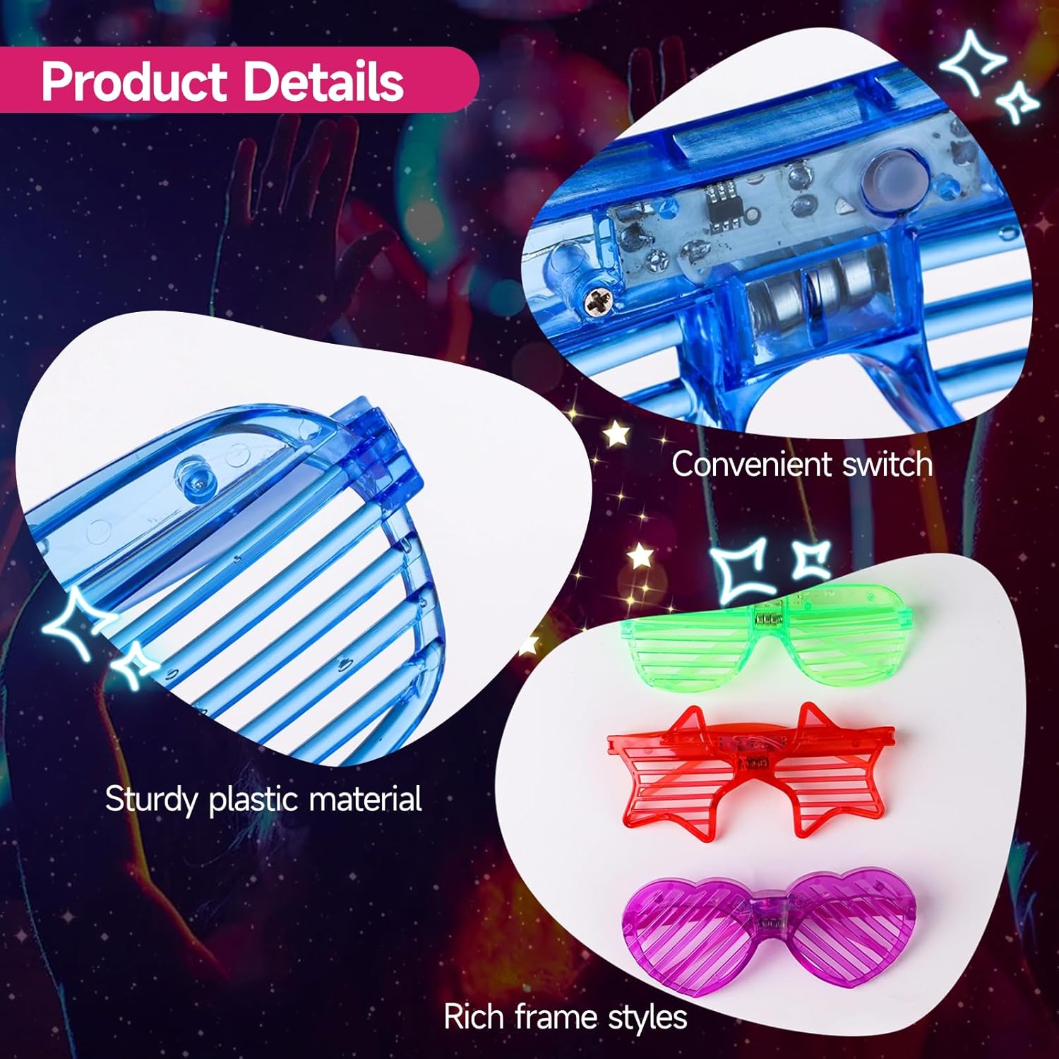 LED Glasses 12 Pack, 3 Shapes 4 Colors, Light Up Neon Party Favors for Adults H969
