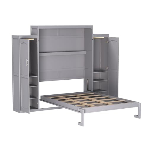 Polib Full Size Murphy Bed with Two Wardrobes and Storage Shelf, White S302797