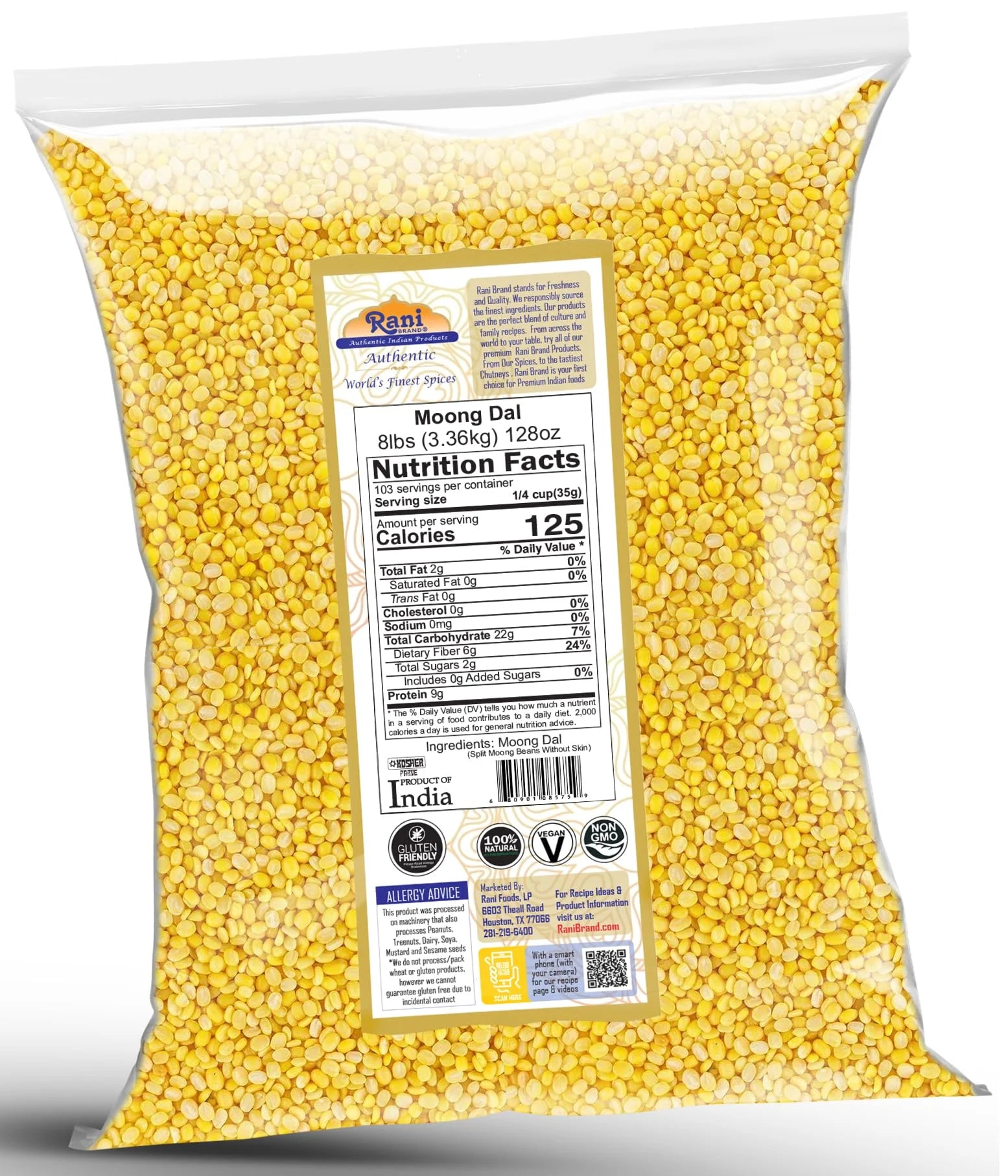 Rani Moong Dal Split Mung Beans Without Skin Lentils 128oz (8lbs) 3.63kg Bulk P4727