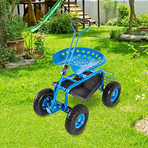 KINTNESS Garden Cart Rolling Work Seat with Tool Tray and Storage Basket Z89476