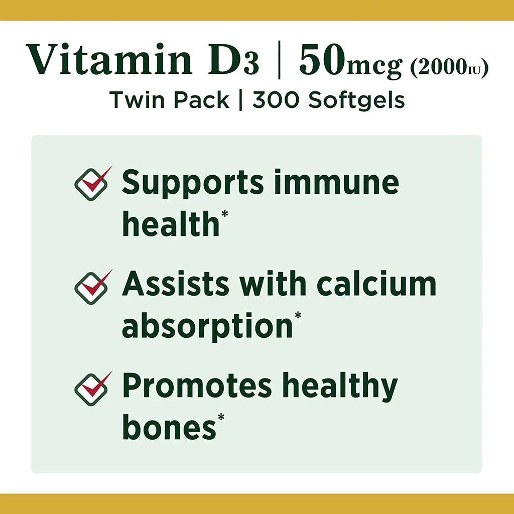 Nature's Bounty Vitamin D3 Softgels, 2000 IU, 150 Ct, 2 Pack H319