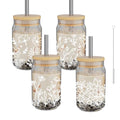 Cute Glass Cups with Bamboo Lids Straws,4 Pack 16oz Drinking Glasses with Design,Wild Flower Can Shaped Cup,Aesthetic Iced Coffee Glass,Clear Glass Tumbler,Vasos de Vidrio for Smoothie,Beer,Soda,Tea