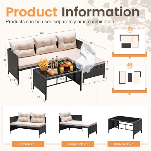Devoko 3-Piece Rattan Outdoor Sectional Sofa with Cushion and Glass Table C42137