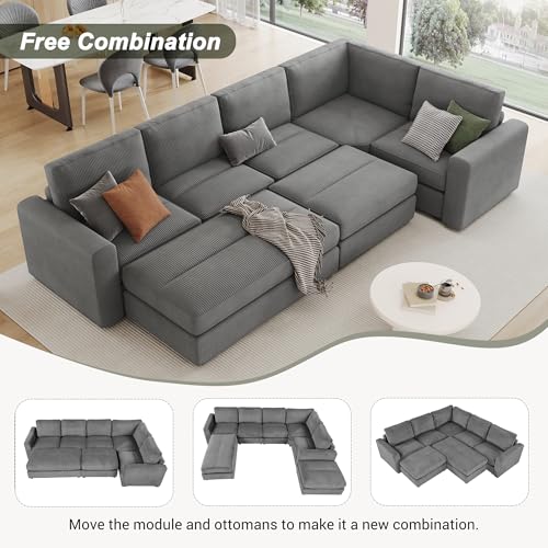 Merax 121.3" Sectional Corduroy Sofa Bed with Two Ottomans, Gray Q499