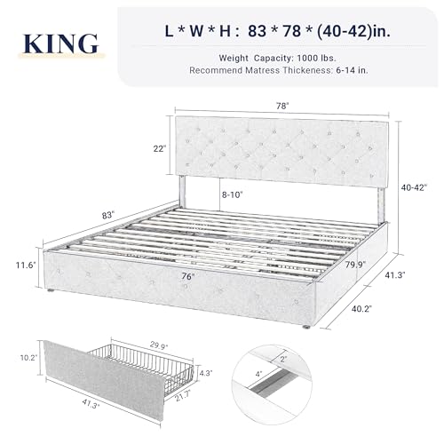 Allewie Upholstered Queen Platform Bed Frame with 4 Drawers and Headboard, Light Grey A922