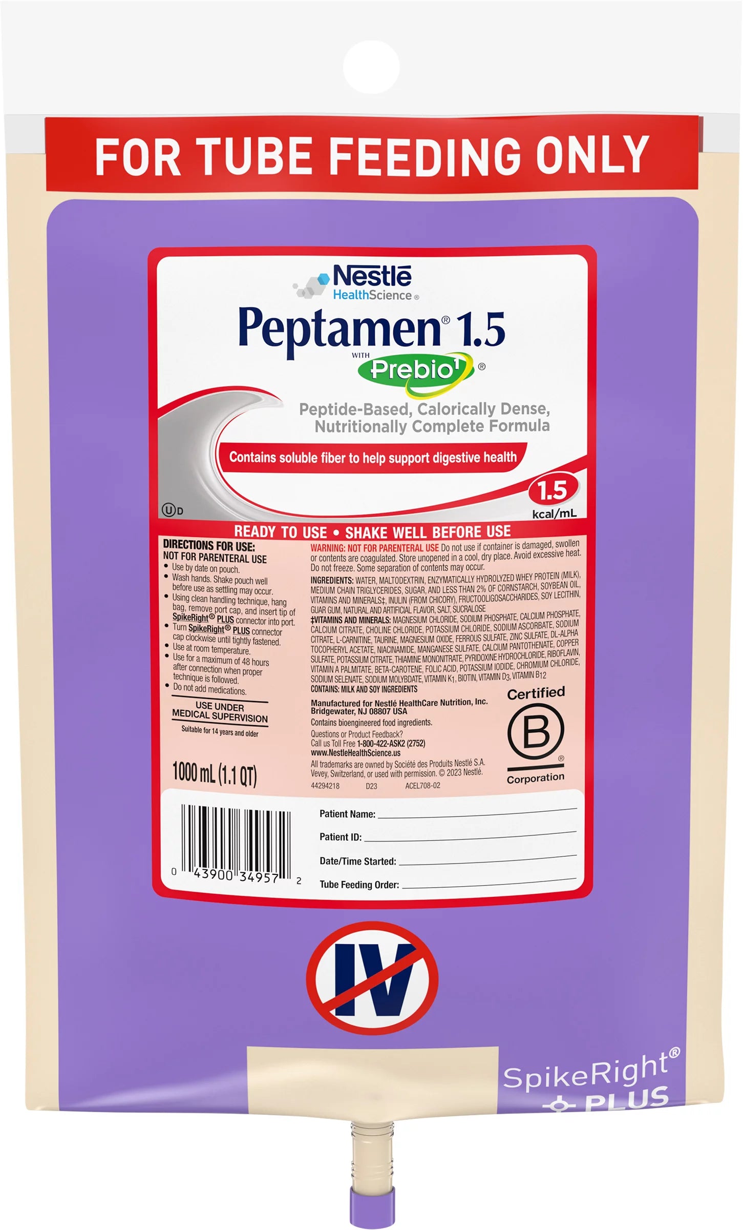 Peptamen 1.5 with Prebio1 Tube Feeding Formula, 33.8 oz. Ready to Hang Bag Z382
