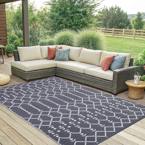 Smiry Waterproof Outdoor Rug 5x8 ft, Reversible Plastic Straw Patio Mat, Black & Beige P20186