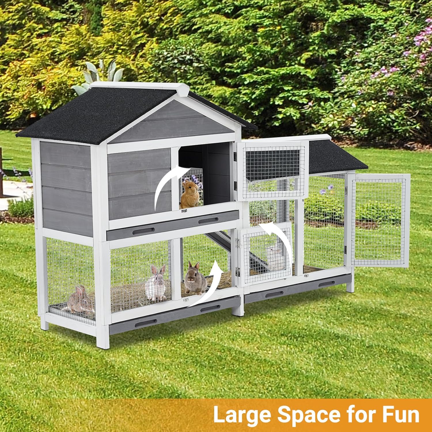 Gravee Two Floors 62" Wooden Waterproof Bunny Hutch Rabbit Cage with Stairs and Cleaning Tray M20193
