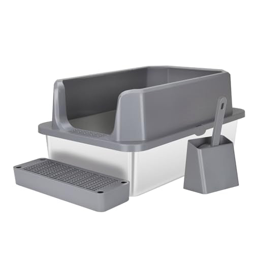 Sfozstra Enclosed Stainless Steel Cat Litter Box with Scoop,Metal Litter Box High Sided, Anti-Leakage, Easy Cleaning, Large Litter Box for Big Cats (White)