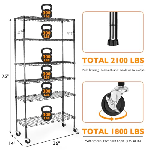 6 Tier Storage Shelves with Wheels, Heavy Duty Adjustable Metal Shelving Rack, Black T460