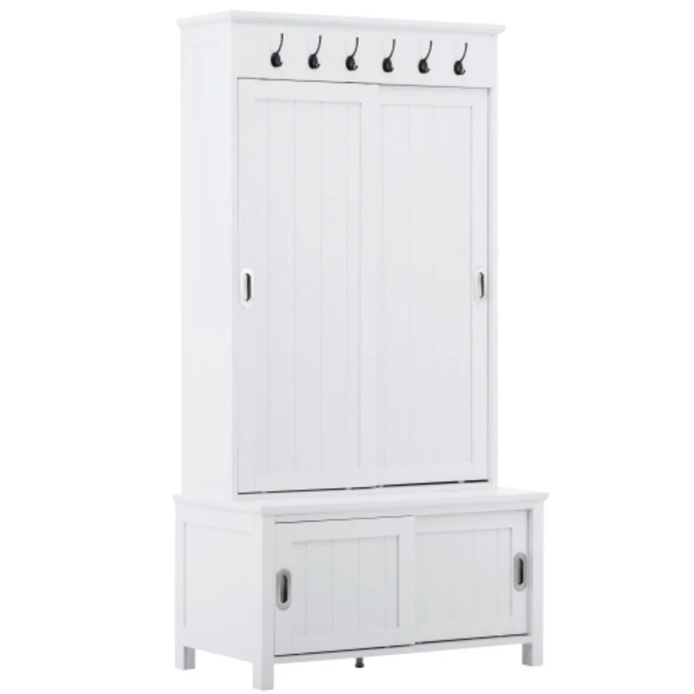 White Wooden Hall Tree with Sliding Doors and Storage Bench O243