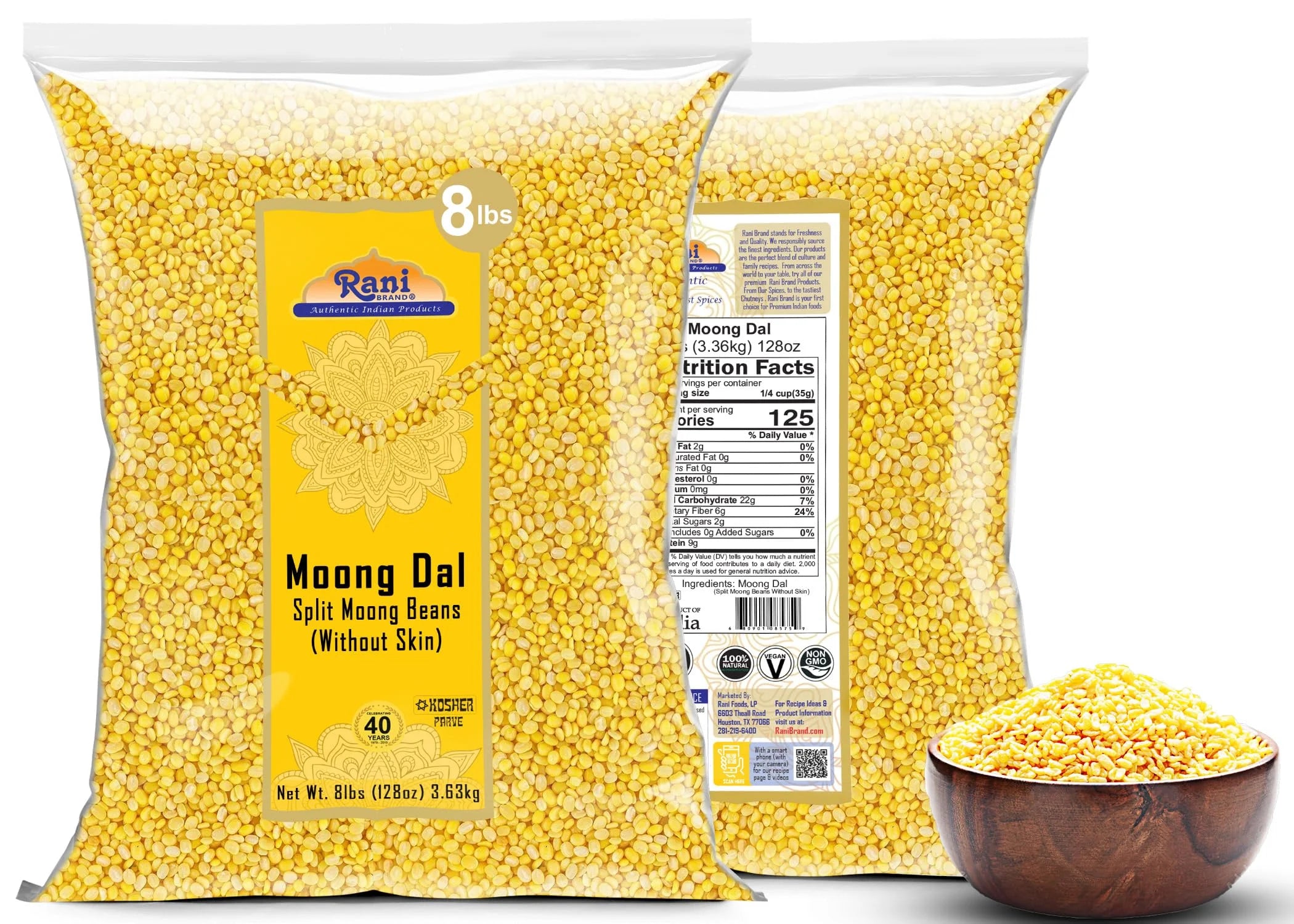 Rani Moong Dal Split Mung Beans Without Skin Lentils 128oz (8lbs) 3.63kg Bulk P4727